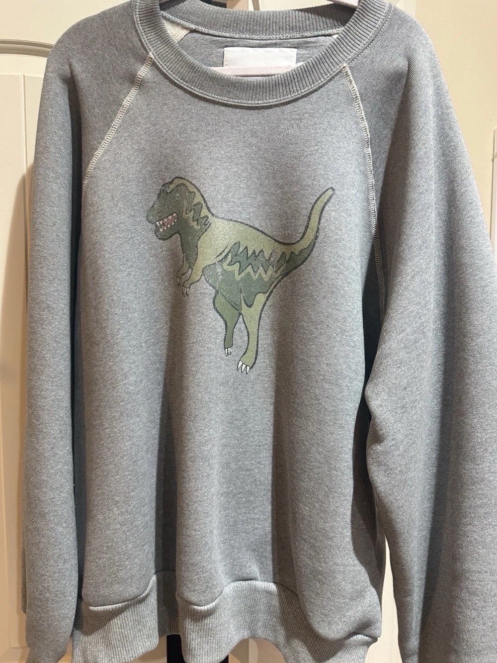 Coach Gray Crewneck Sweater with Green Dinosaur Graphic